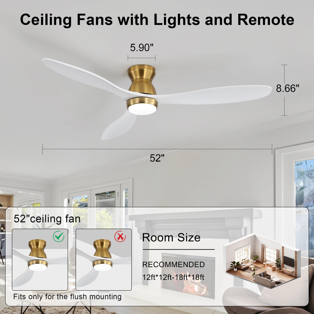 52 Inch White Ceiling Fan with Light, Solid Wood Blades, White and Gold Low Profile Ceiling Fan with Remote & APP
