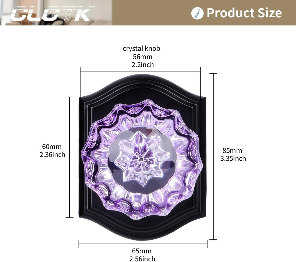 Purple Glass Door Knobs Interior with Lock, Matte Black Crystal Privacy Door Knobs Bathroom, 1 Pack