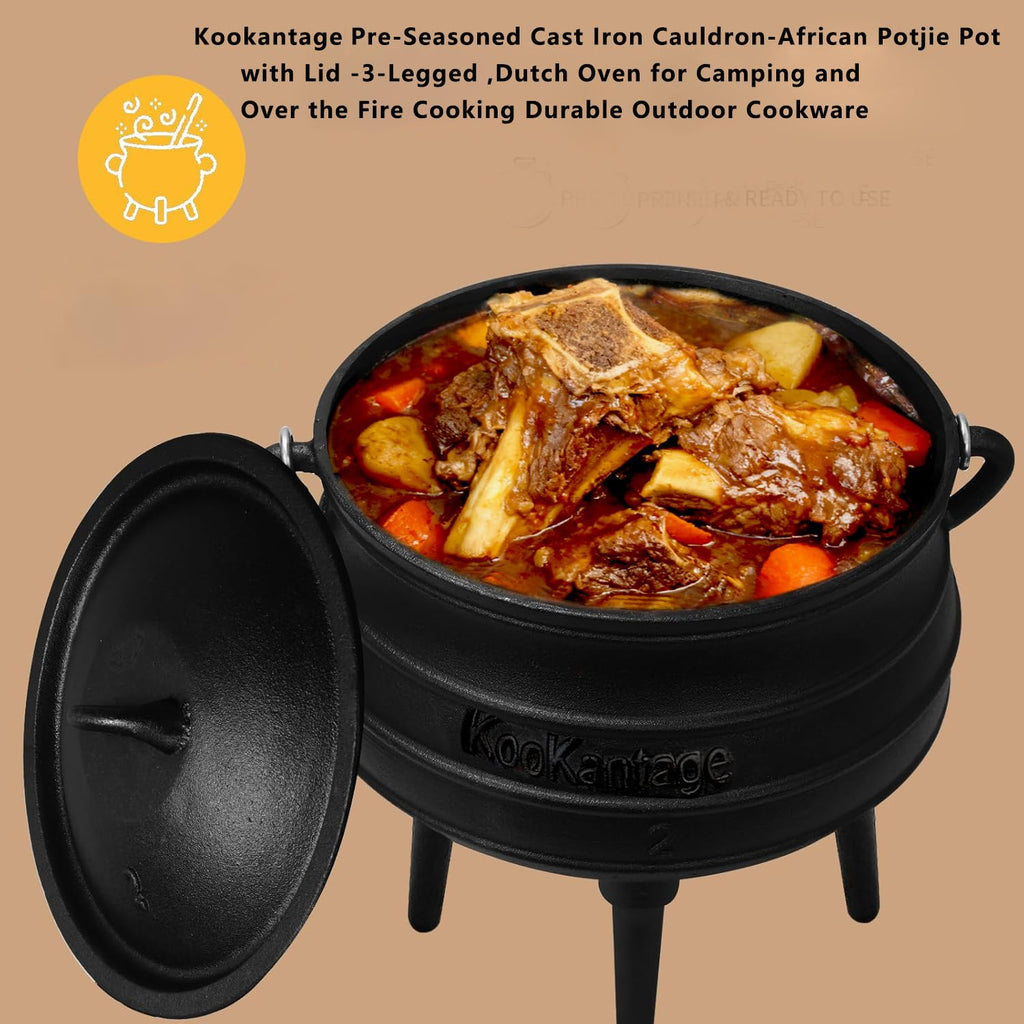 Pre-Seasoned Cast Iron Cauldron - 6 Quart African Potjie Pot with Lid - 3-Legged Dutch Oven for Camping and