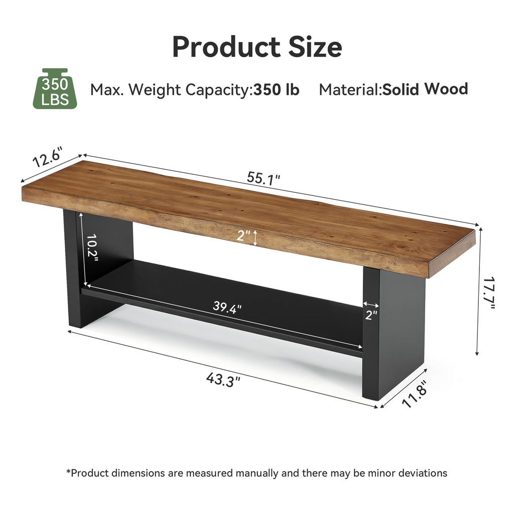 55" Solid Wood Bench with Shoe Storage, 2-Tier Farmhouse Entryway Bench, Narrow Rustic Brown Bench