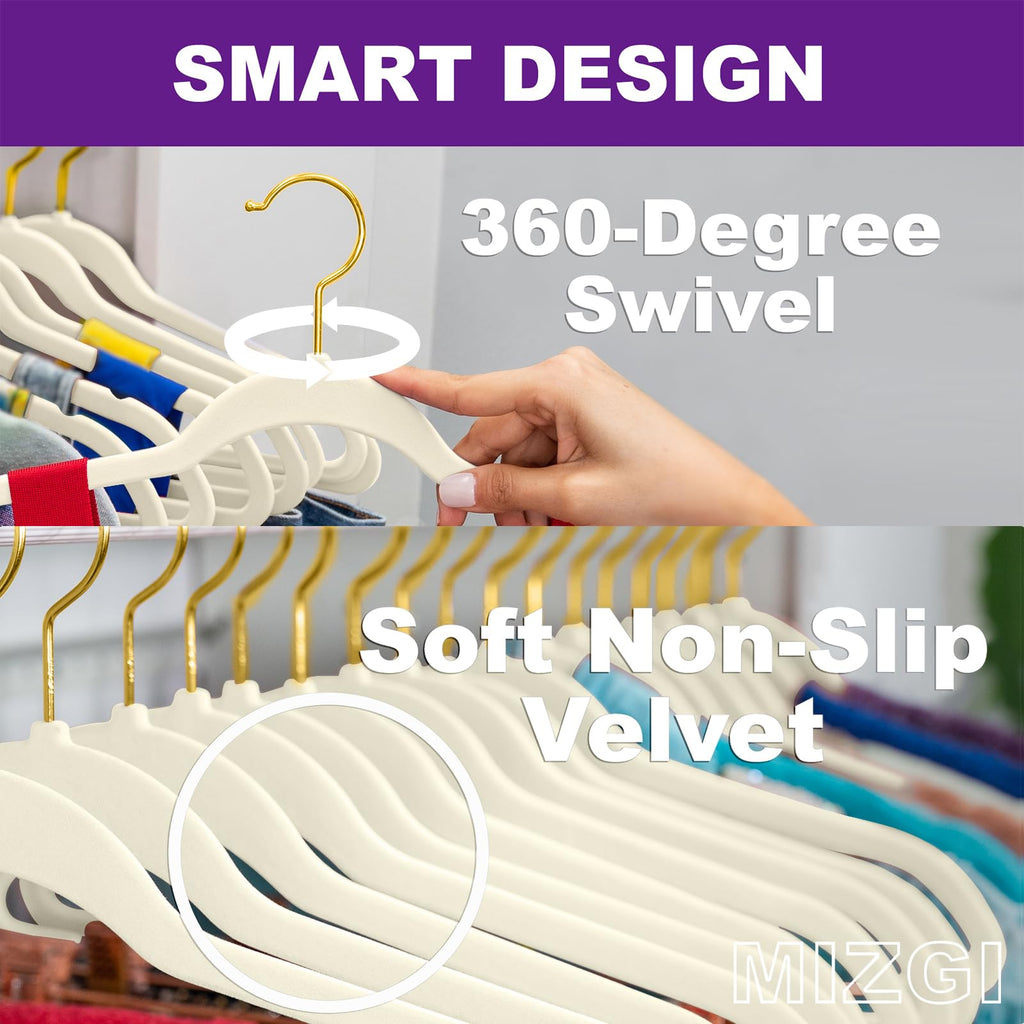 Ivory Velvet Hangers 40 Pack, Premium Gold Clothes Hangers Non-Slip Felt Hangers, Sturdy Ivory Hangers Heavy Duty Coat