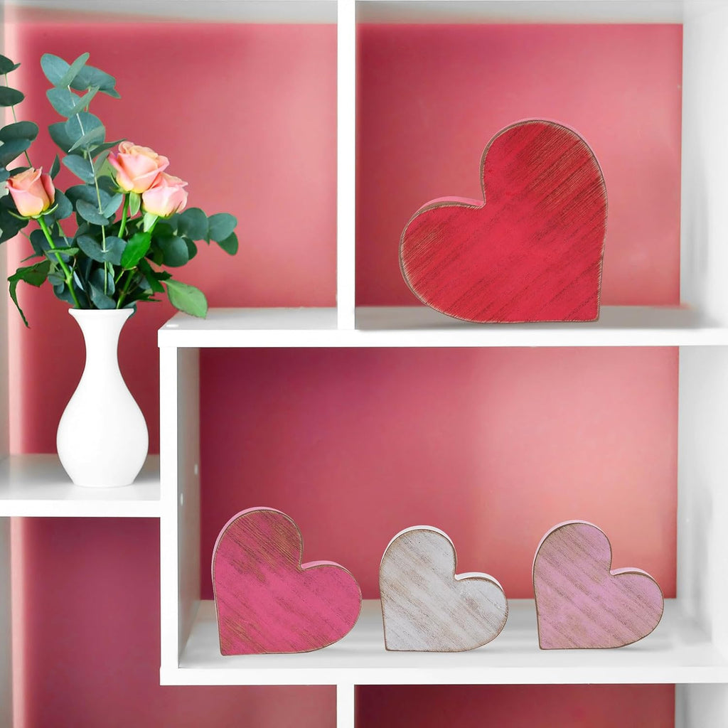 Wooden Hearts Valentines Decorations Indoor, Wood Heart Blocks Tiered Tray Decor, Red Pink White Valentine - Set of 4
