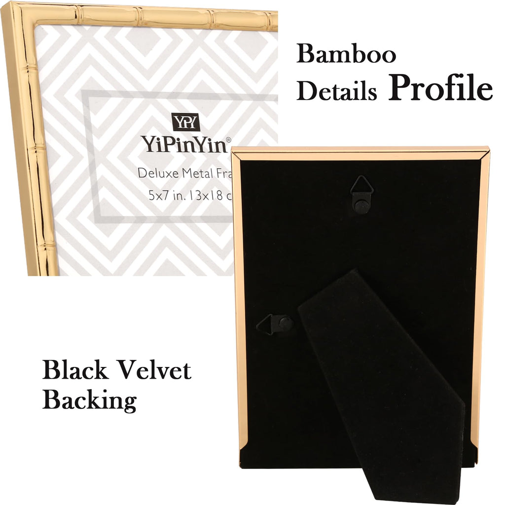 8x10'' Bamboo Detail Gold Metal Picture Frame with Acid Free Mat for 5x7'' Set of 2, Narrow Gold Plated Photo Frames 5