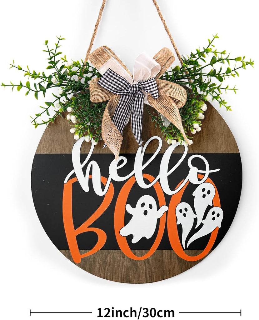 Cute Ghost Door Sign 12 Inch Halloween Wreaths for Front Door Cute Halloween Decor Wood Door Hanger Hello Boo Sign
