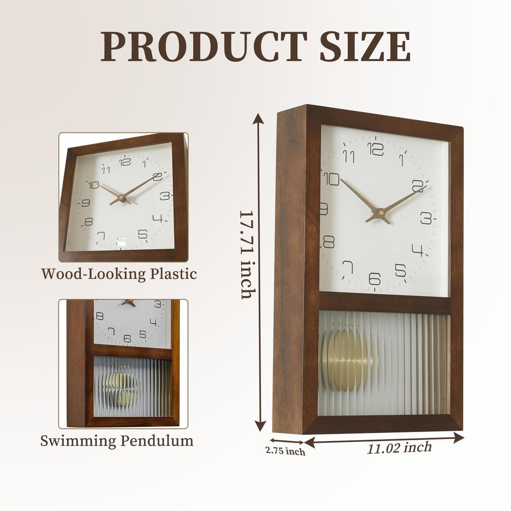 Pendulum Wall Clock, Silent Non-Ticking Japanese Vintage Design Bedroom Office Decor, Battery Operated, 11.02" ×