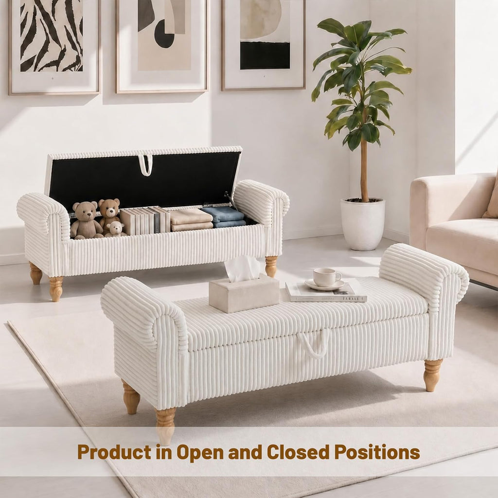 55" Corduroy Storage Ottoman Bench, Queen Bed, White | End of Bed, Bedroom/Entryway/Closet, Window Seat, Lift-Top