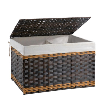 Storage Basket with Lid, 27.7 Gallon (105L) Blanket Basket with Removable Liner Bag, Synthetic Wicker Hamper with