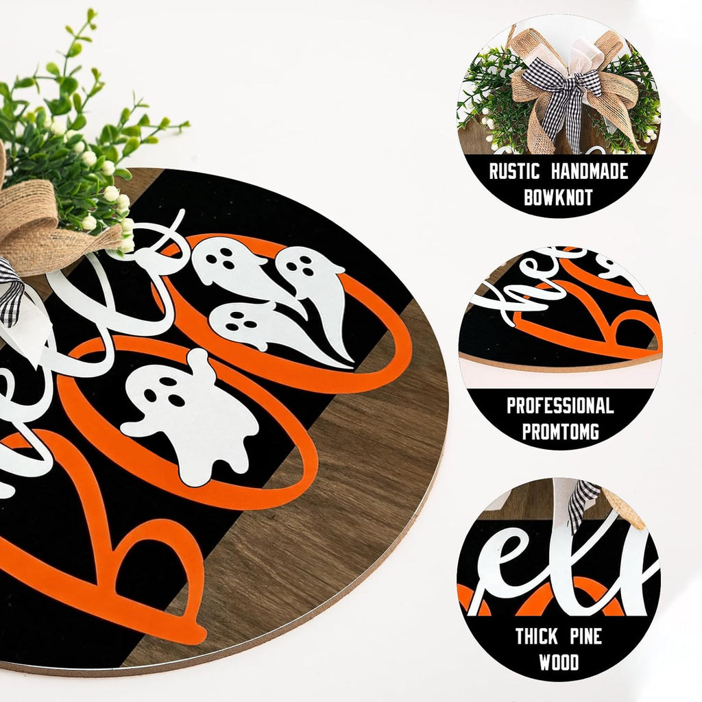 Cute Ghost Door Sign 12 Inch Halloween Wreaths for Front Door Cute Halloween Decor Wood Door Hanger Hello Boo Sign