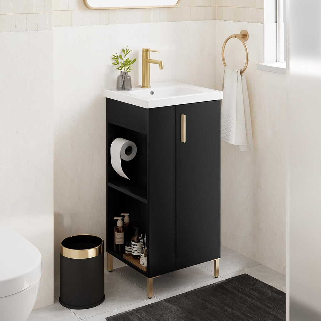 16-Inch Freestanding Bathroom Vanity with Sink – Black Cabinet with Ceramic Sink, Soft-Close Door and Side Storage