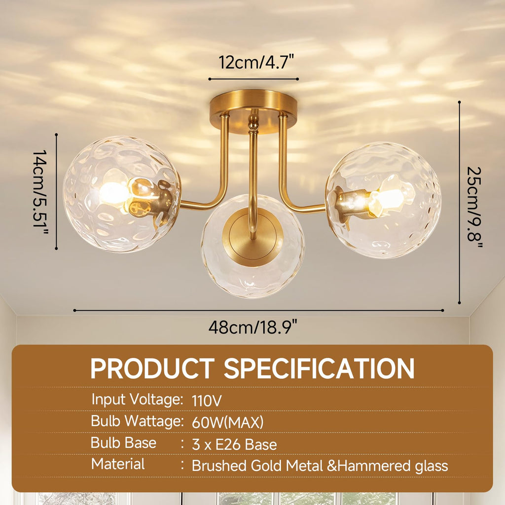 3-Light Gold Semi Flush Mount Ceiling Light, Modern Opal Glass Globe Ceiling Light Fixture Living Room Kitchen, Bulbs