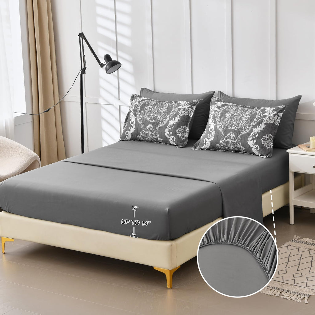 Dark Grey Comforter Set King Size, Damask Texture 7 Pieces Bed in a Bag Microfiber Comforter Bedding Sets -1