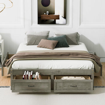 Japanese Wooden Platform Bed With 6 Storage Drawers, No Headboard