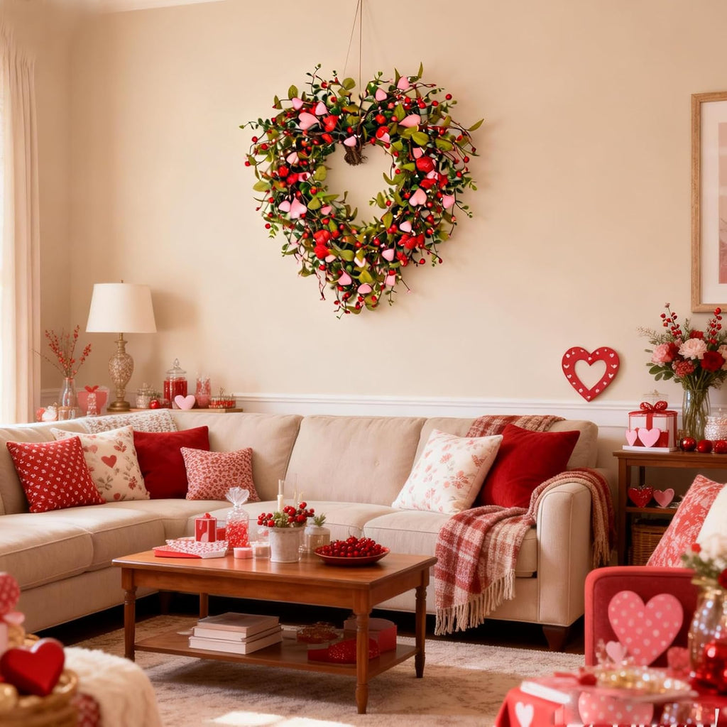 22 Inch Valentine Heart-Shaped Wreath, Pink Flower Heart Berry Green Leaf Decor for Front Door Window Wall Porch