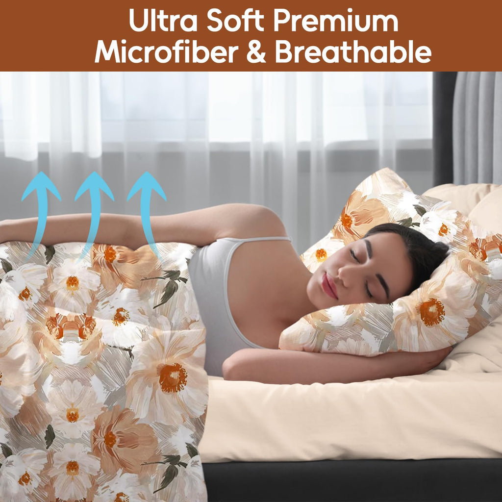 Flower Queen Size 6 Pcs Sheet Set, Breathable Microfiber Deep Pocket Biege Fitted Sheets, Comfy & Breathable