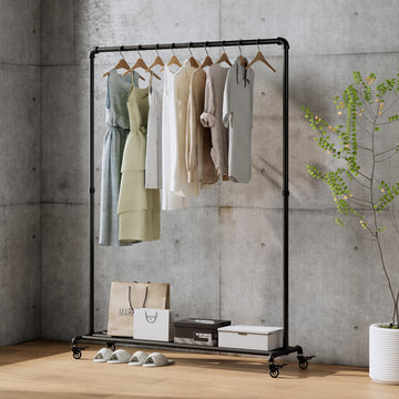 Industrial Pipe Clothing Rack with Wheels, Rolling Garment Rack with Bottom Shelf, Sturdy Clothes Rack for Hanging