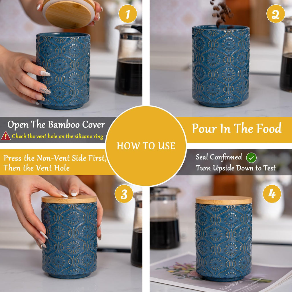 Embossed Ceramic Canister, Stylish Airtight Storage, Coffee, Tea, Sugar, 23 Fl Oz, Darkblue
