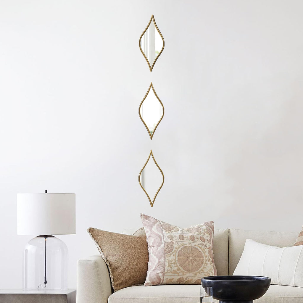 Decorative Tear Drop Gold Mirror Wall Decor 6 X 15 Inch, Set of 3