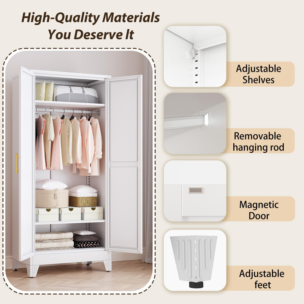 Metal Wardrobe Storage Cabinet with Mirror and Hanging Rod,71'' Metal Clothing Cabinet with 2 Doors and 2 Adjustable