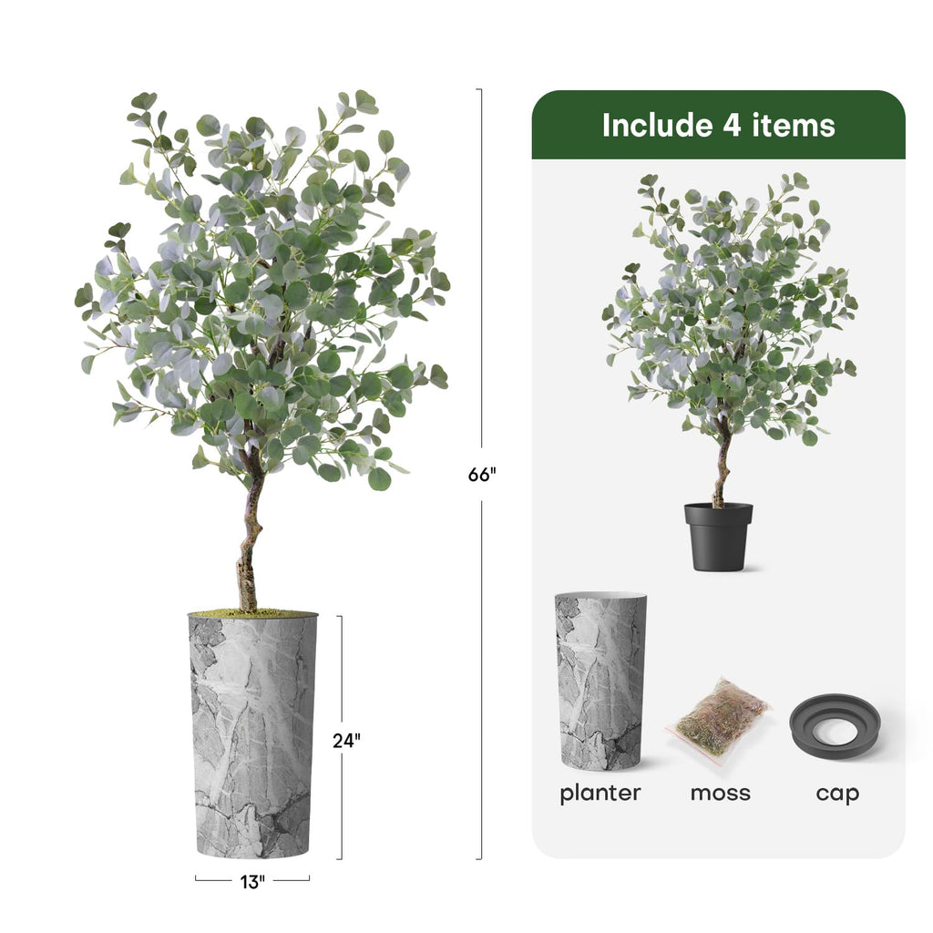 Artificial Tree in Modern Planter, Fake Eucalyptus Silk Tree for Indoor and Outdoor Home Decoration - 66" Overall
