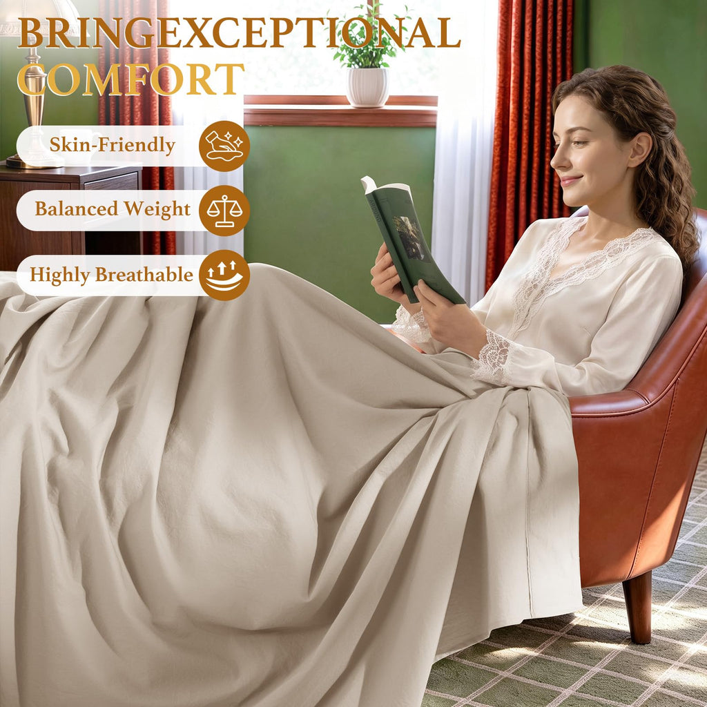 100% Washed Cotton Sheets Set King, Linen-Like Feel Sheets