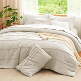 Queen Comforter Set Beige, 7 Pieces Soft Pinch Pleat Bed in a Bag Queen Comforter Set with Sheets