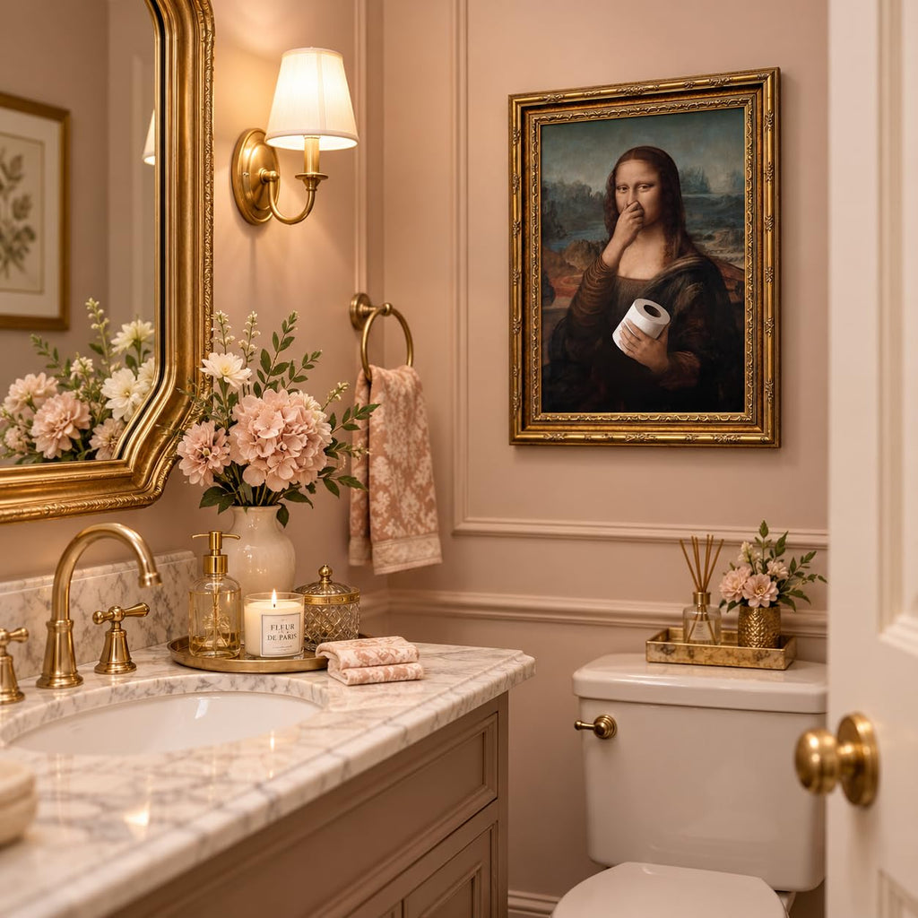 Funny Mona Lisa Bathroom Wall Art, Vintage Gold Frame, 24 x 16 In