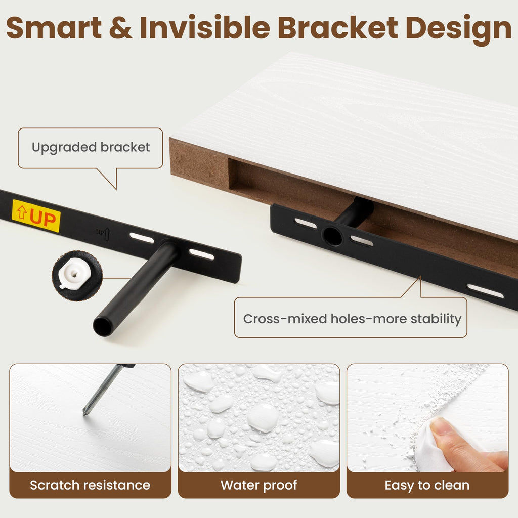 55 Inch Floating Shelves for Wall, 8 Inch Deep, Invisible Brackets, White