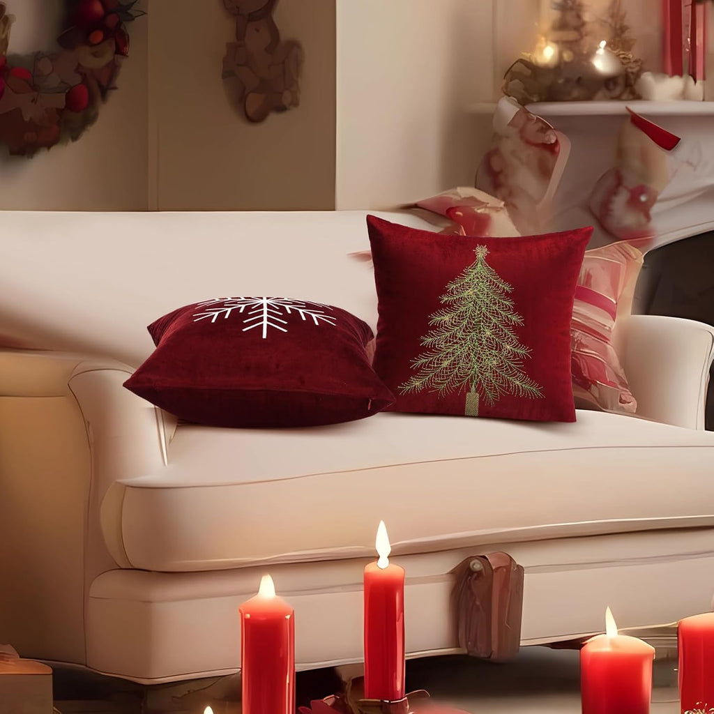 Christmas Pillow Covers, Red, Snowflake and Xmas Tree - Set of 2