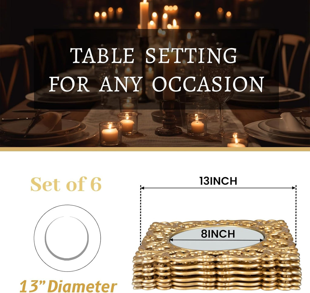 12" Gold Charger Plates, Mirror Chargers for Dinner Plates - Set of 6