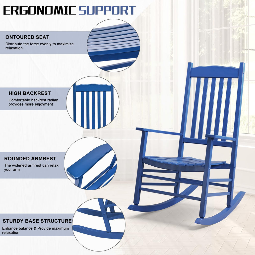 Outdoor Rocking Chair, Solid Wood High Back Rocker, All Weather Lounge Chair for Porch Patio Fire Pit Garden Backyard