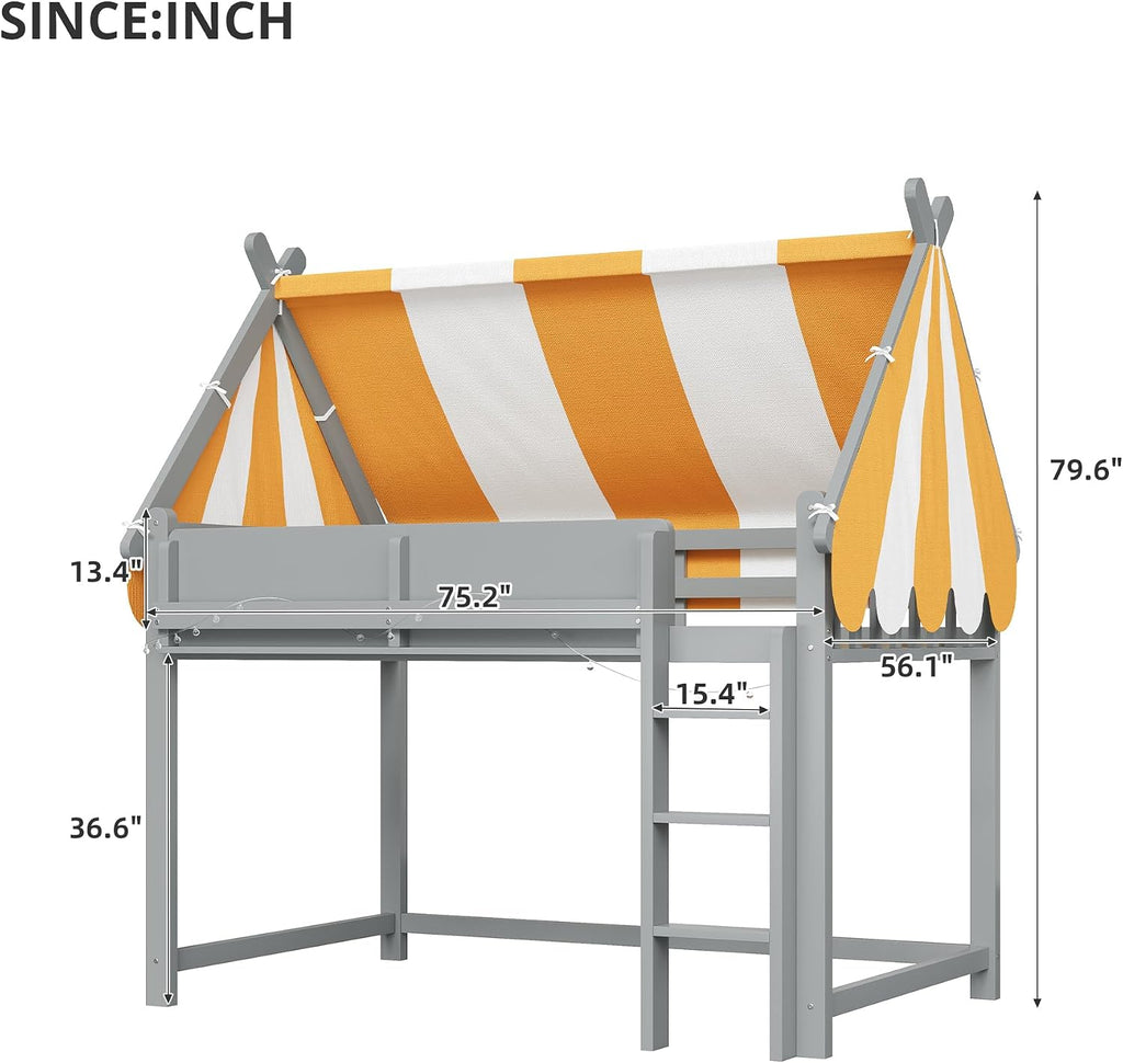 Full Size Wood House Bed Canopy Playhouse Loft Bed Frame with Storage Shelves House Loft Bed with LED Lights for Kids