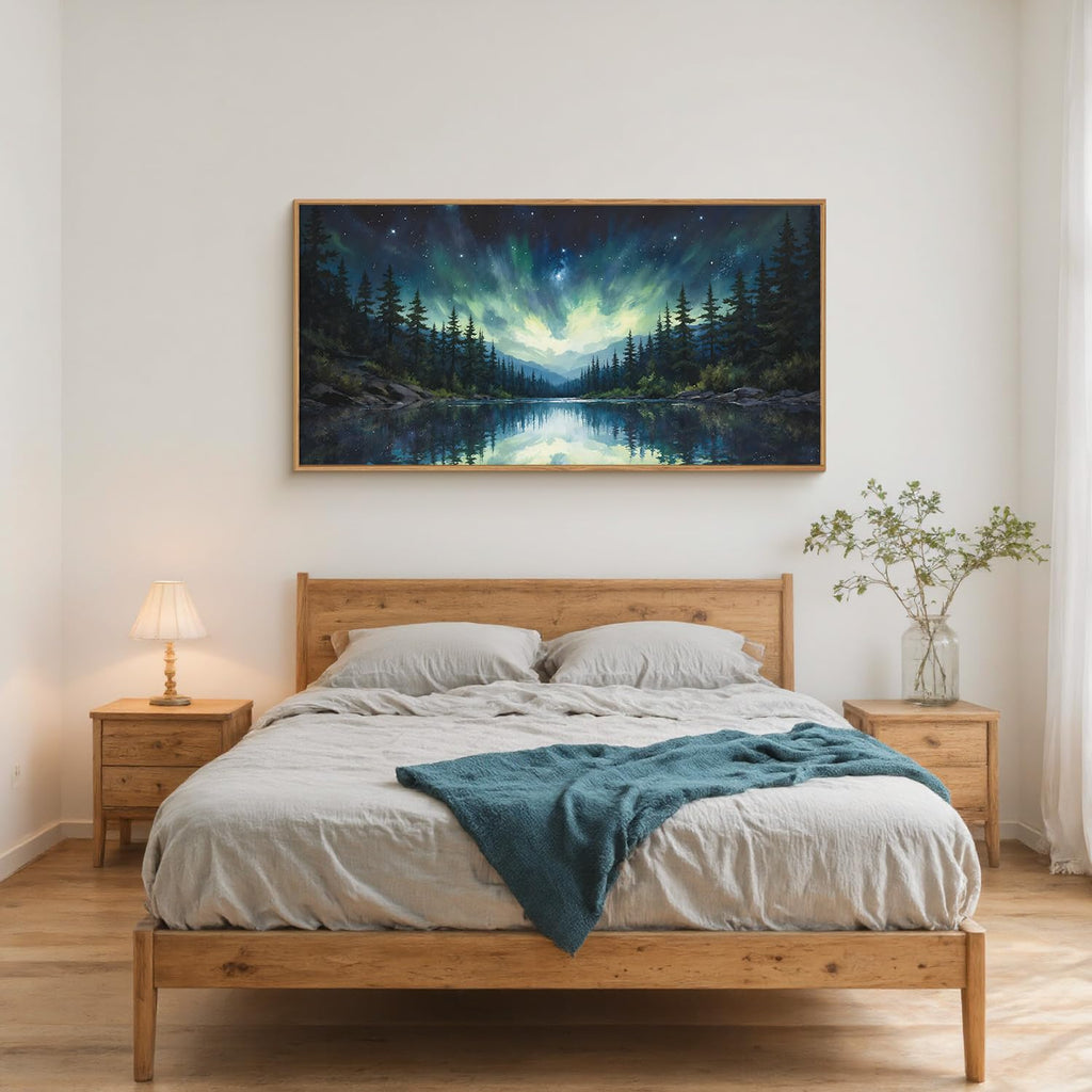 Luminous Northern Lights Forest Lake Framed Canvas Wall Art Set-40"x20"x1
