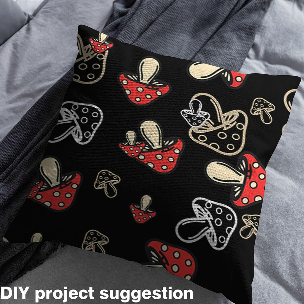 Cute Mushroom Botanica Mushrooms Pattern Upholstery Fabric, Kawaii Fungus Fabric for Chairs, 10 Yards, Red Black White