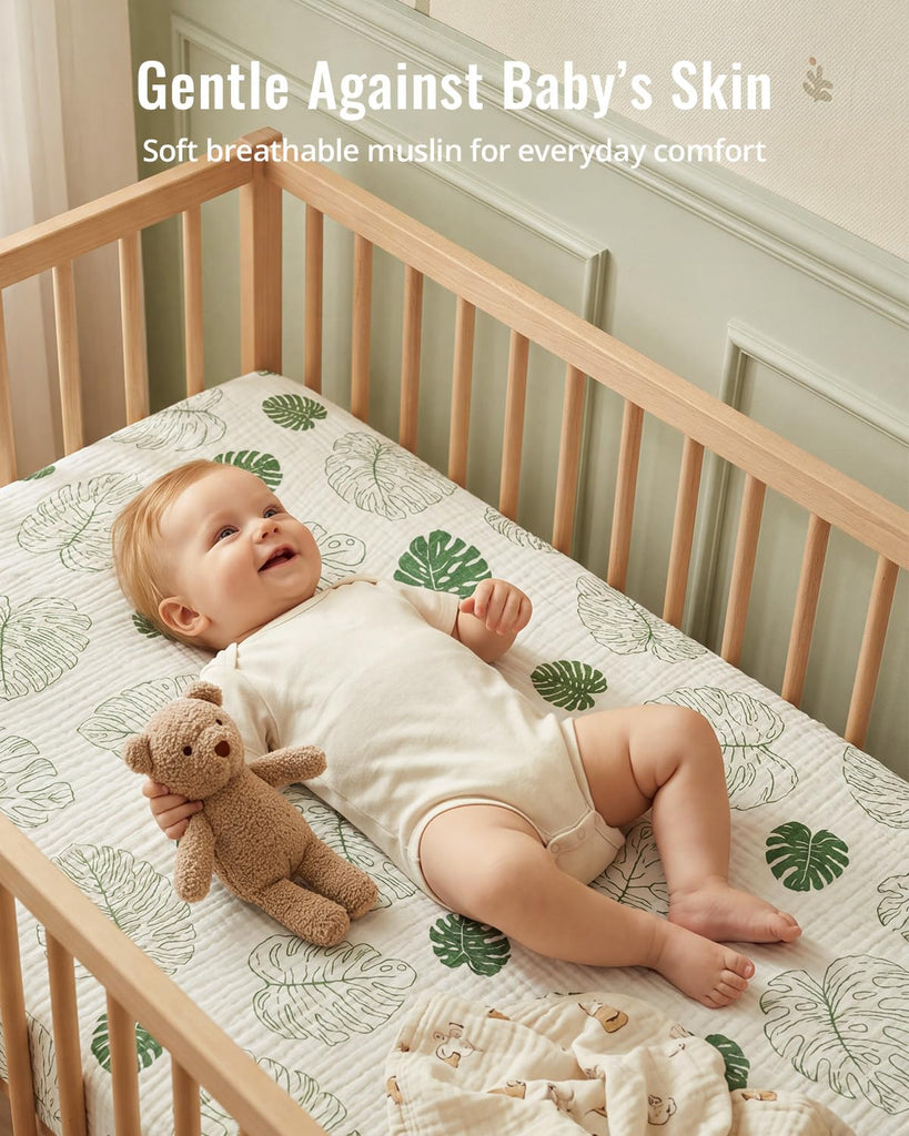 Muslin Crib Sheets, 2 Pack, Monstera & Dark Green