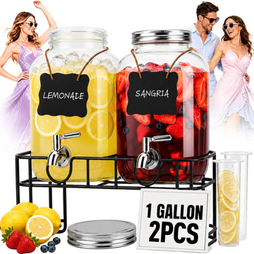 Gallon for Parties with Stand & Fruit Infuser,Beverage Dispenser for Lemonade, Water, Juice, Iced Tea & - Set of 2