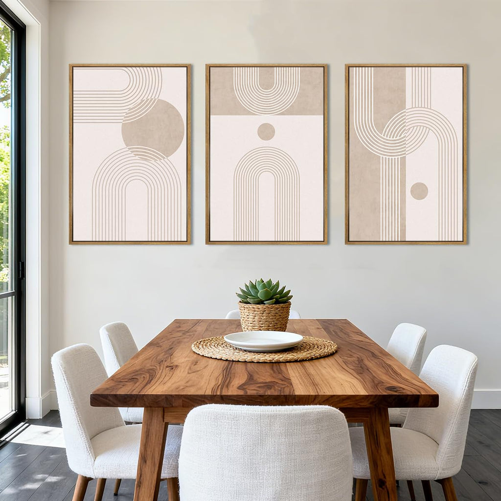 Neutral Boho Abstract Canvas Wall Art Set of 3 Framed Mid Century Modern Wall Decor Beige Geometric Line Artwork