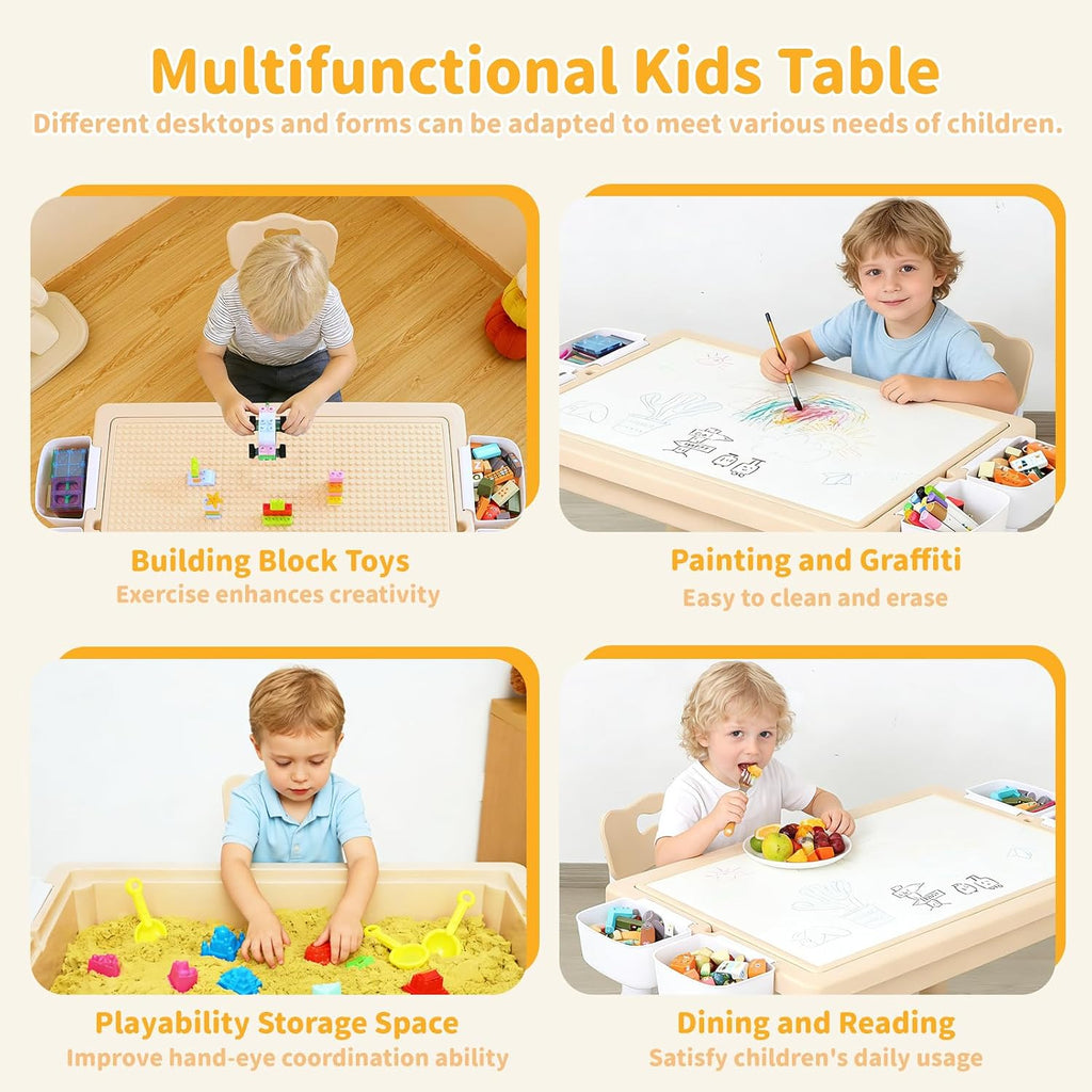 4 in 1 Kids Table and 2 Chairs Set, Large Storage Toddler Table and Chair Set with 4 Side Box, Graffiti/Building
