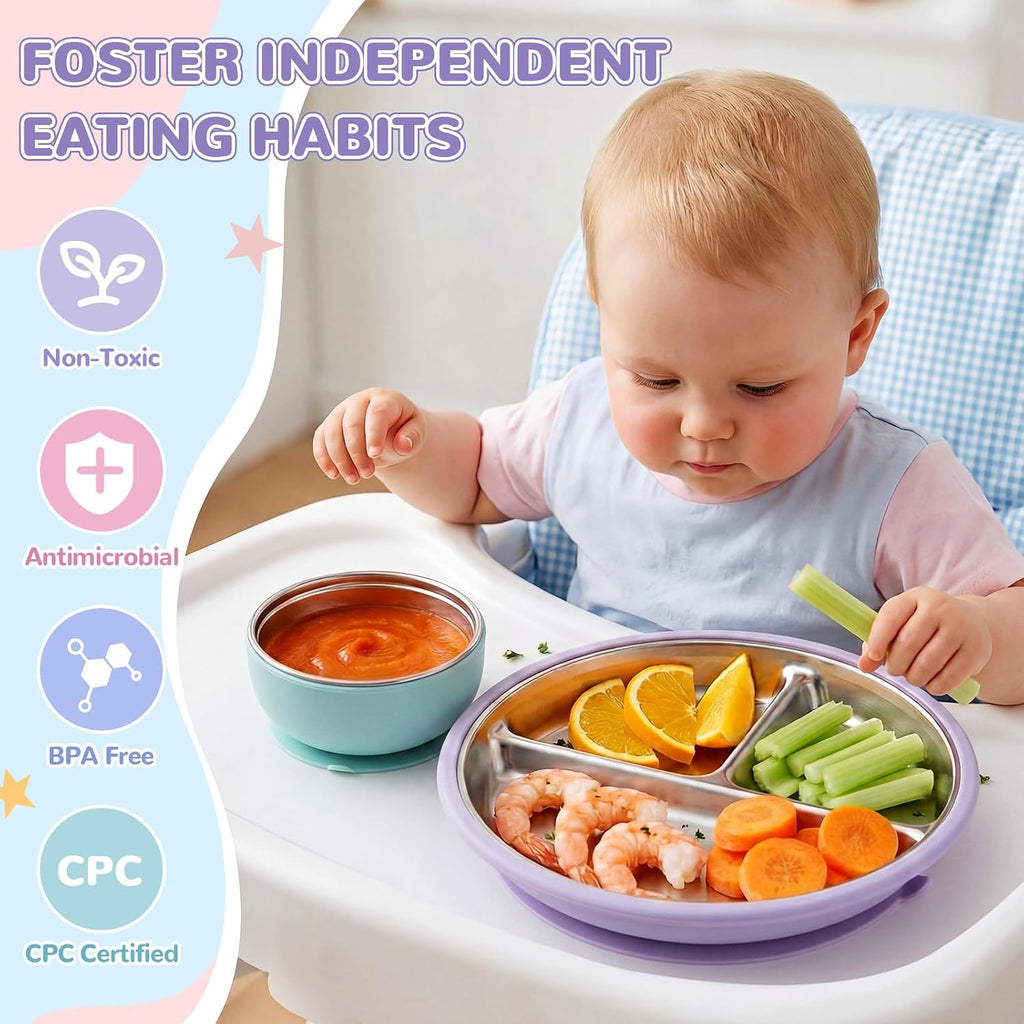 8 Pcs Stainless Steel Baby Plates Bowls with Suction Set,Gray