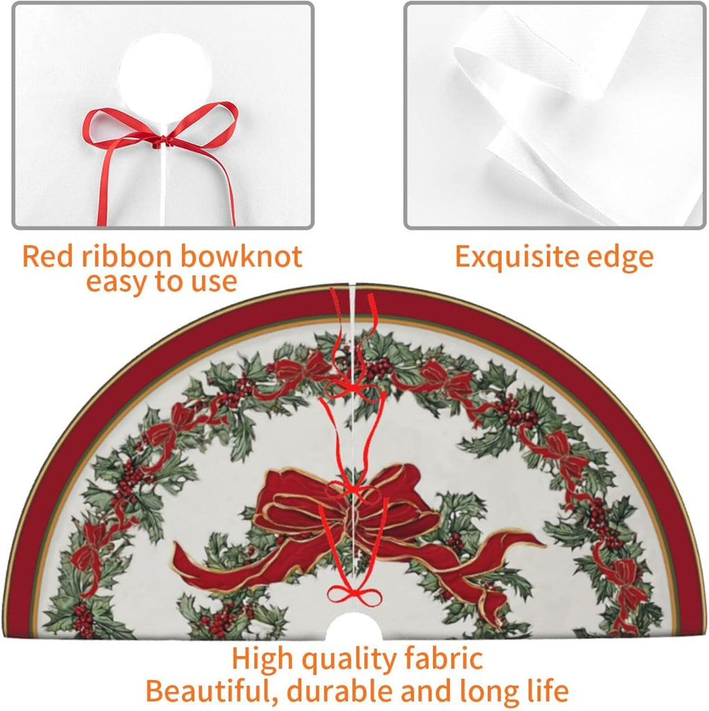 Bow Holly Fruit Christmas Tree Skirt 36 Inch Xmas Tree Mat Party Decor Supplies for Holiday Home Decorations