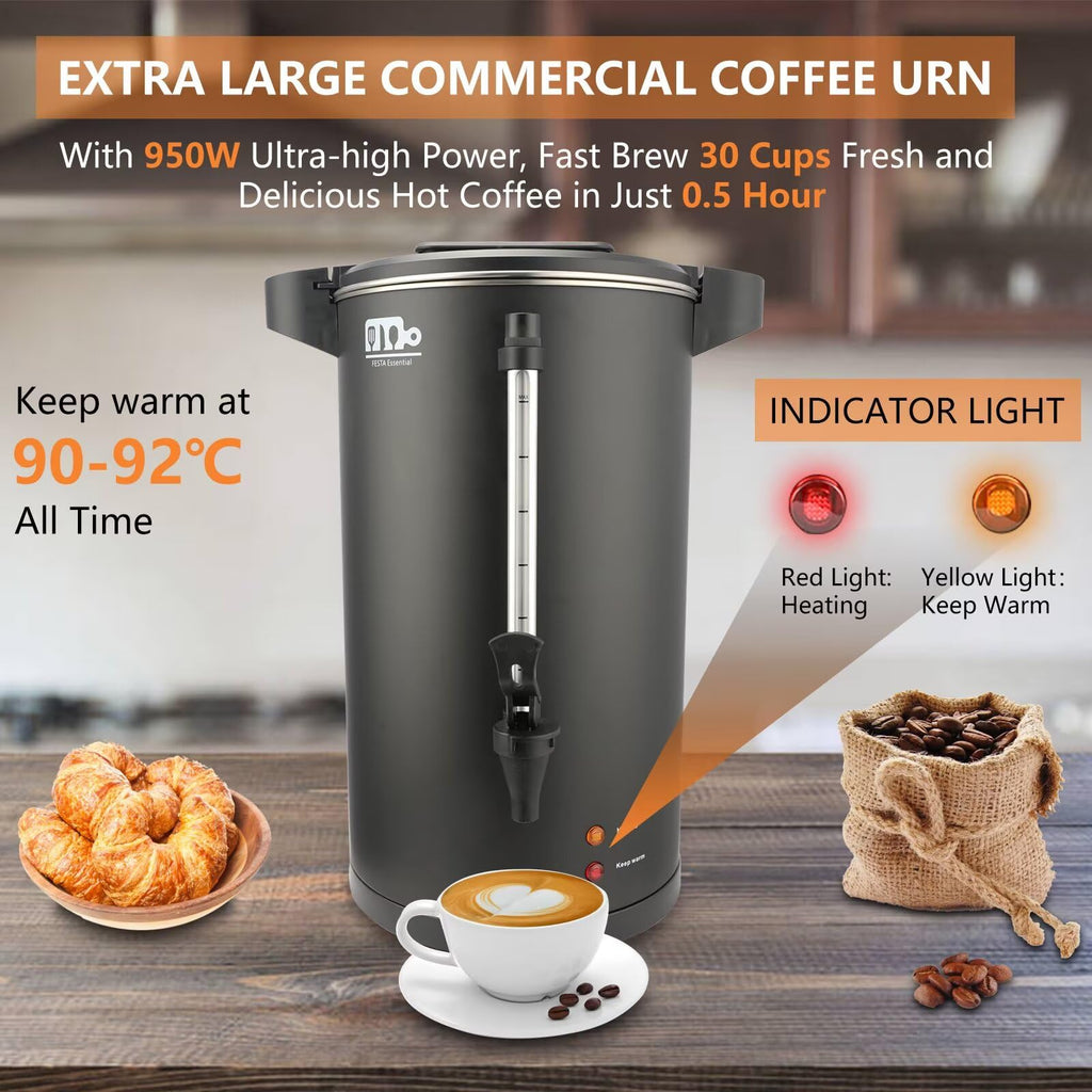 30-Cup 6L Commercial Coffee Urn, 750W Double Wall Large Percolate Coffee Maker Stainless Steel Hot Water Urn