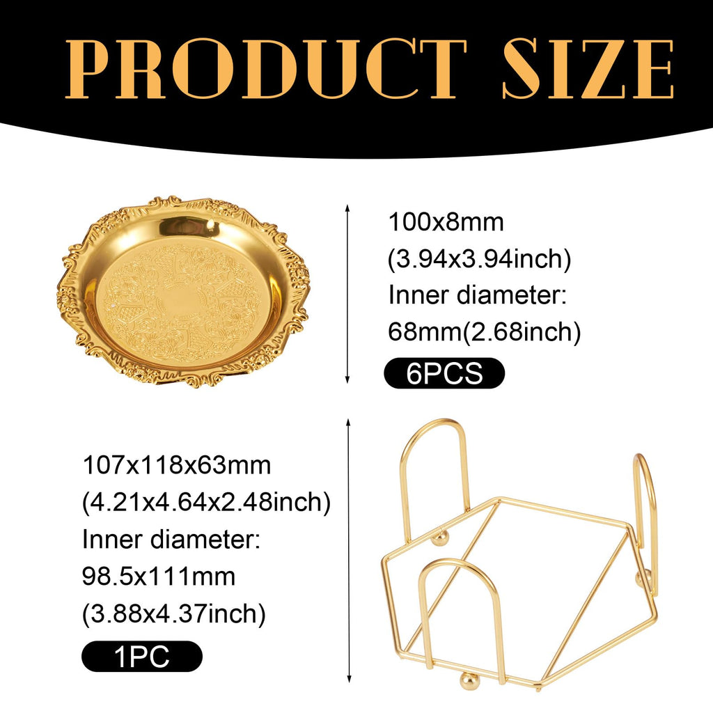 6 pcs Gold Drink Coaster with Holder Vintage Coasters Round Coasters Metal Cup Mats for Wedding Coffee Table Glass