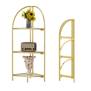 3-Tier Foldable Corner Shelf, Metal Gold Frame & Transparent Shelves