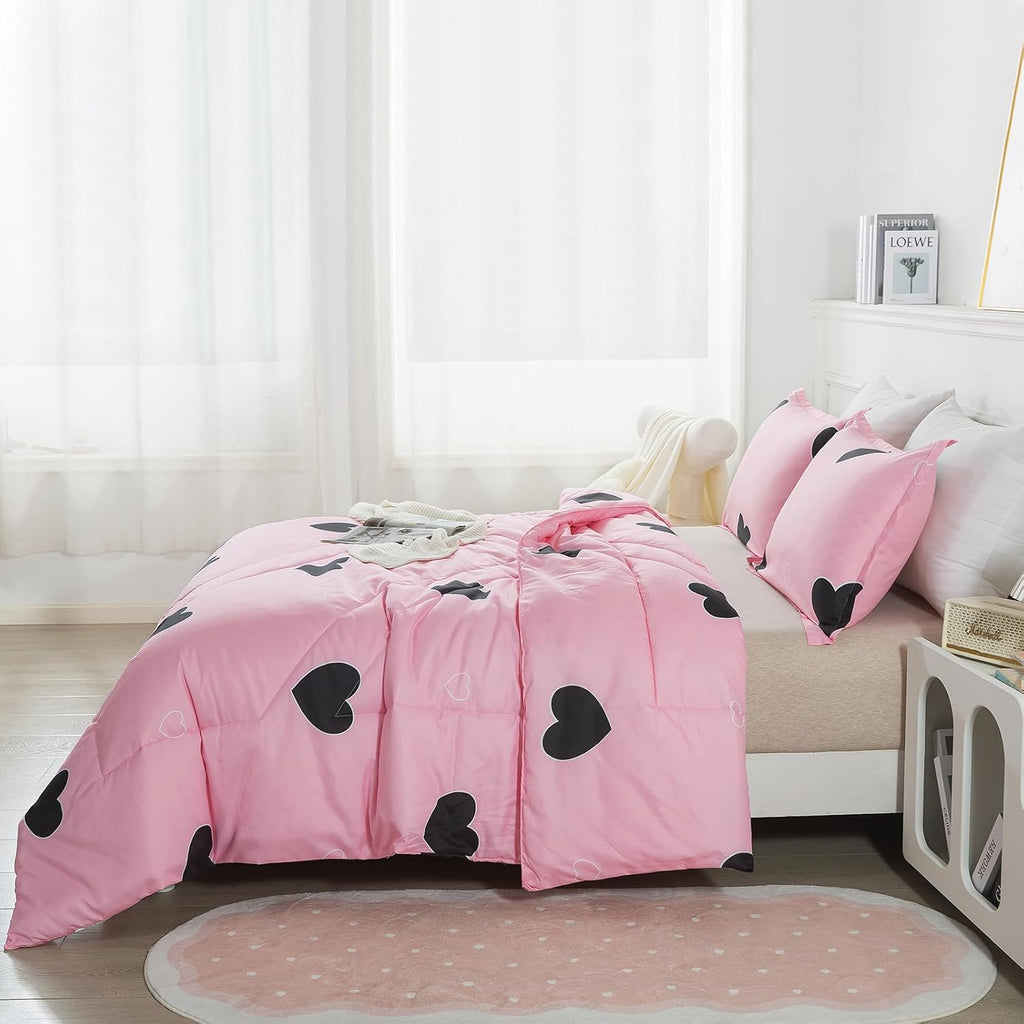 Girls Pink Comforter Set Twin - Blush Pink Cute Love Heart Print Comforter Bedding Set for All Seasons, Geometric
