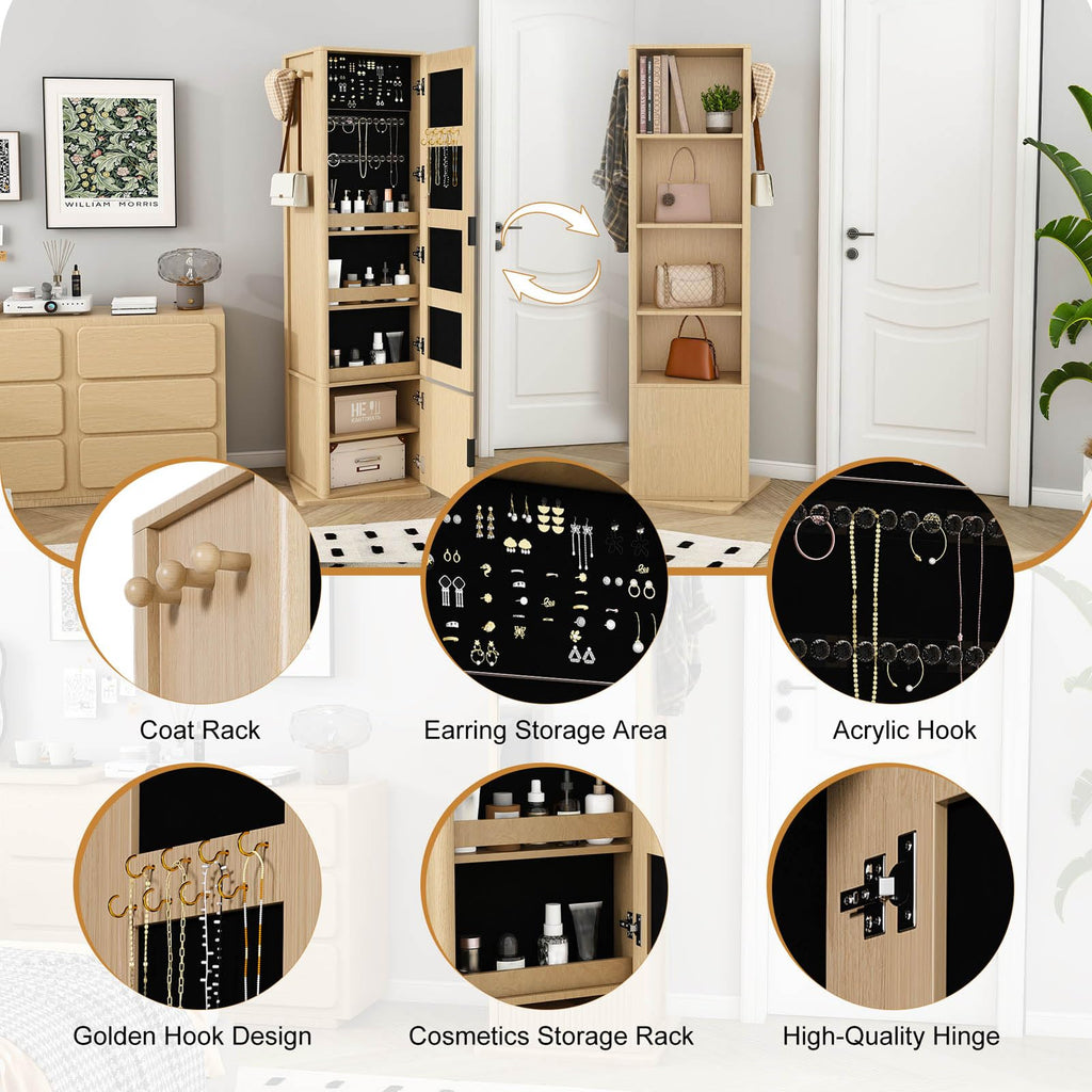 360° Rotating Mirror with Storage, 66" Jewelry Mirror Full Length, Oak
