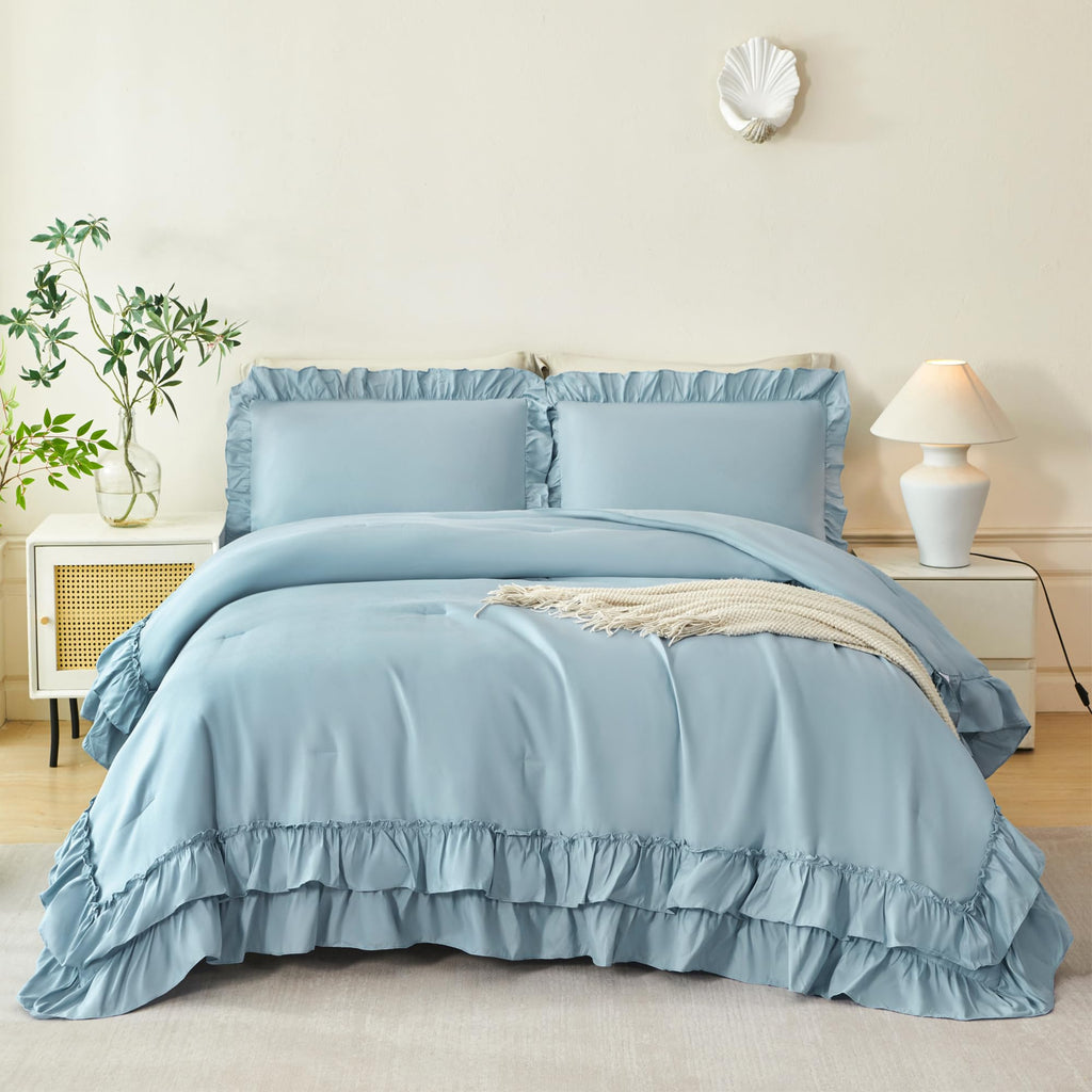 Comforter Set - 5 Pieces Ruffle Dusty Blue Bedding Sets