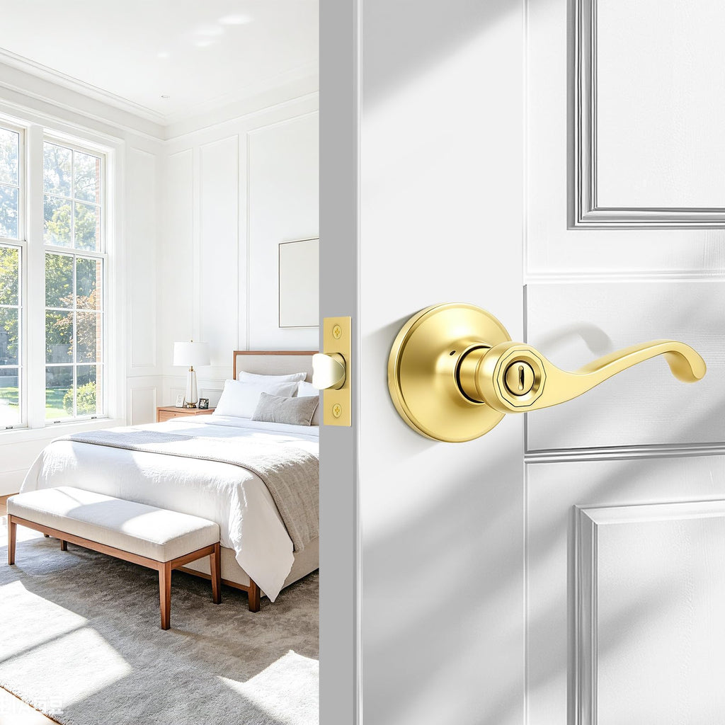 Scroll Privacy Door Lever, Gold Door Handle Interior, Reversible for Left/Right Handed Door, Polished Brass Door