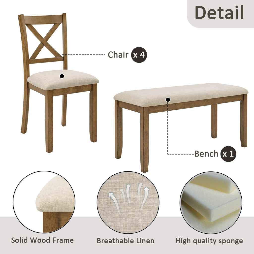 6-Piece Dining Set, 58.5" Table with X-Back Chairs & Upholstered Bench