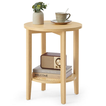Round Side End Table, 2-Tier Boho Bedside Table with Rattan-Look