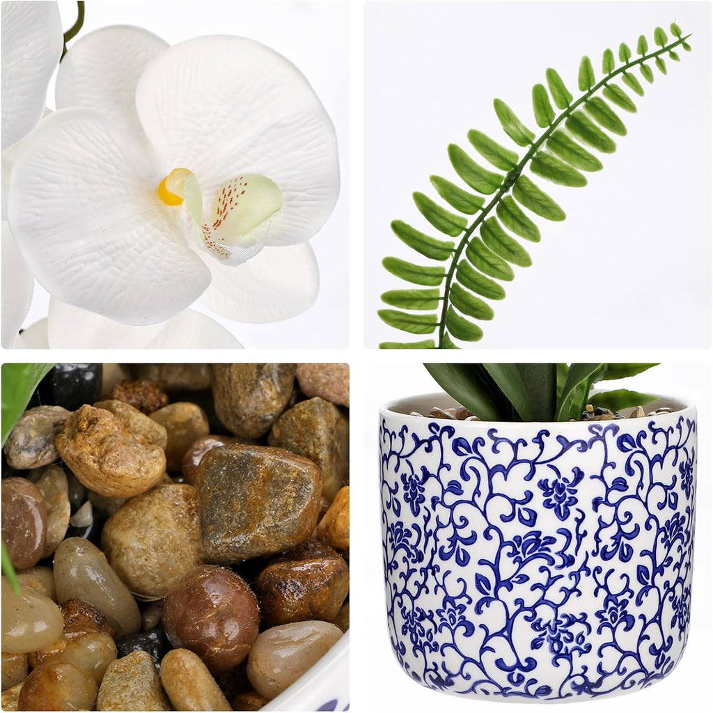 White Orchid Artificial Flowers with Blue and White Pot, 16.9" Silk Orchid Fake Plant Faux Orchids Shelf Room Table