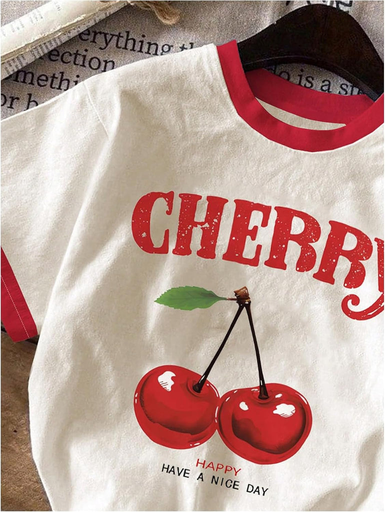 Girl's Cherry Graphic Tees Colorblock Aesthetic Cute Summer Tops